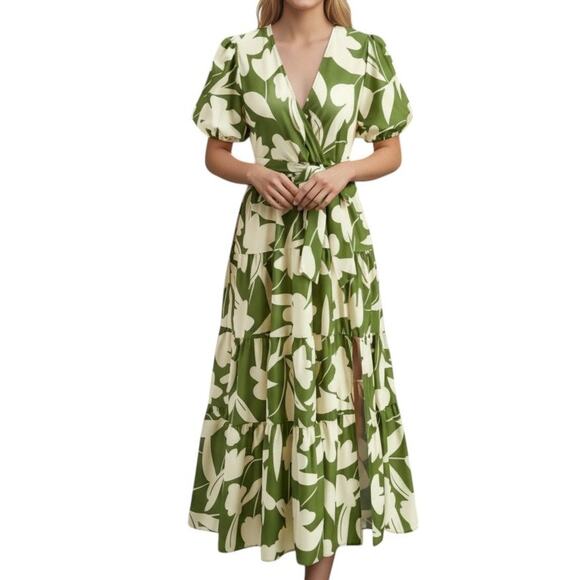 Commense Green Floral Maxi Dress Puff Sleeve V-Neck Tiered Skirt NWT Size XL - Picture 4 of 7